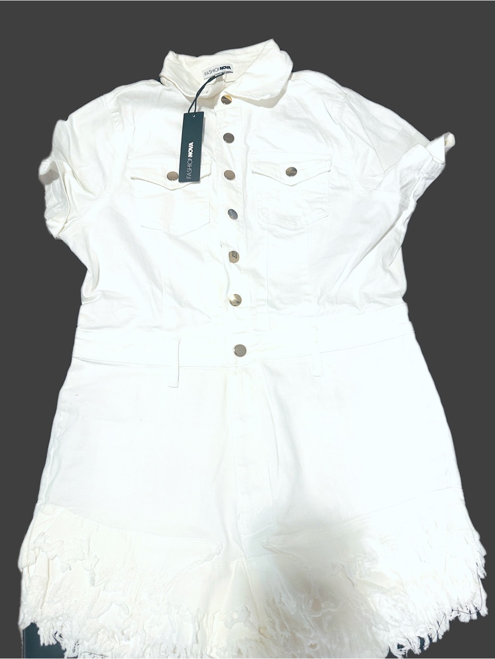 White Button-Front Denim Romper with Frayed Hem